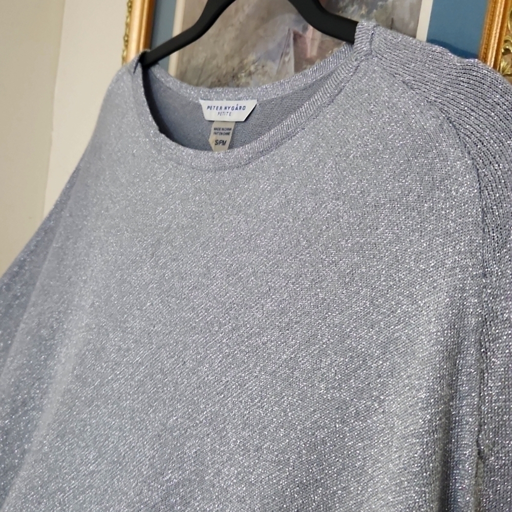 S/M Metalic Poncho Batwing Sweater Gret knit High-Low Career Contemporary - Picture 4 of 12